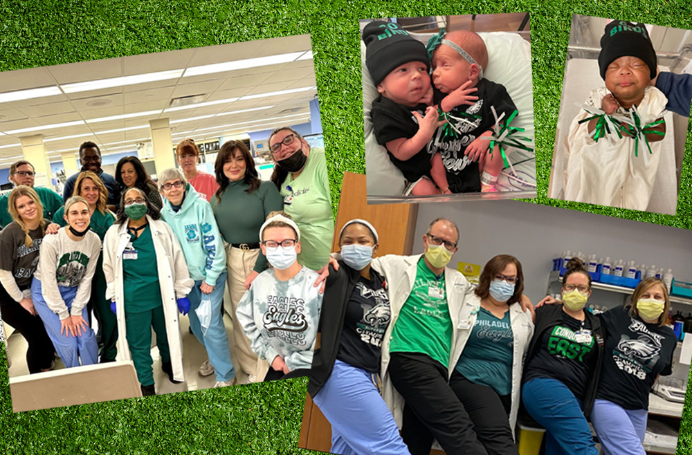 A collage of photos of Pennsylvania Hospital employees and babies in the Intensive Care Nursery wearing Eagles shirts and hats 